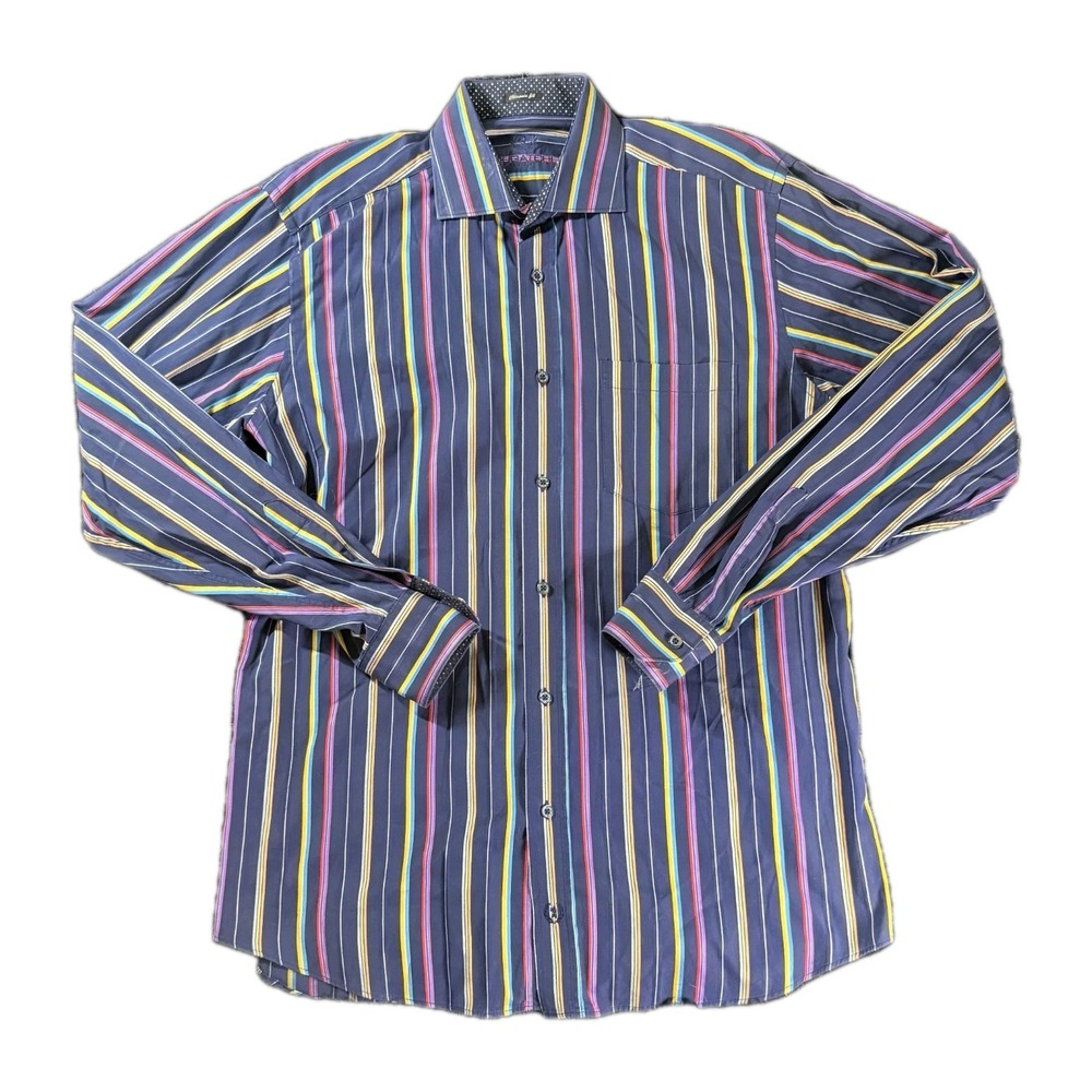 Bugatchi Uomo Stripe Button Up Shirt L Multicolor Mod Retro Preppy Dressy